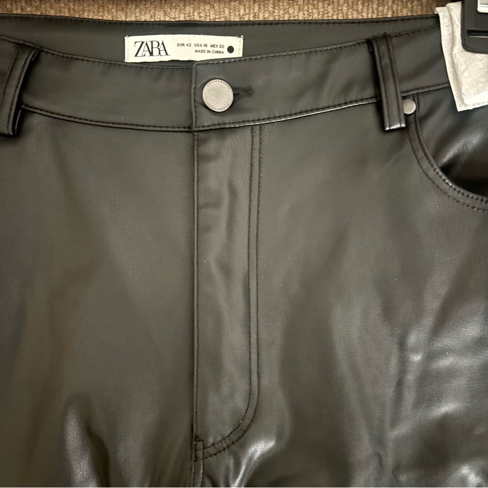 Zara Black Faux Leather Tailored Wide Leg Pants, Size 10 - Picture 7 of 11